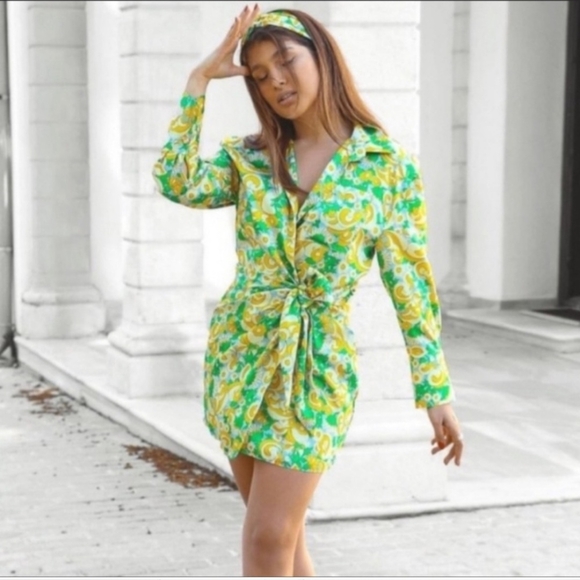 Zara Green and Yellow Floral Long Sleeve Wrap Mini Dress